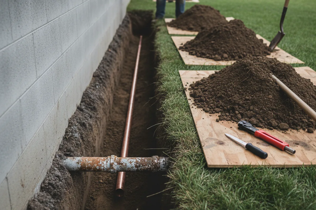 Excavated water line trench during Sewer Line Repair in Mount Vernon